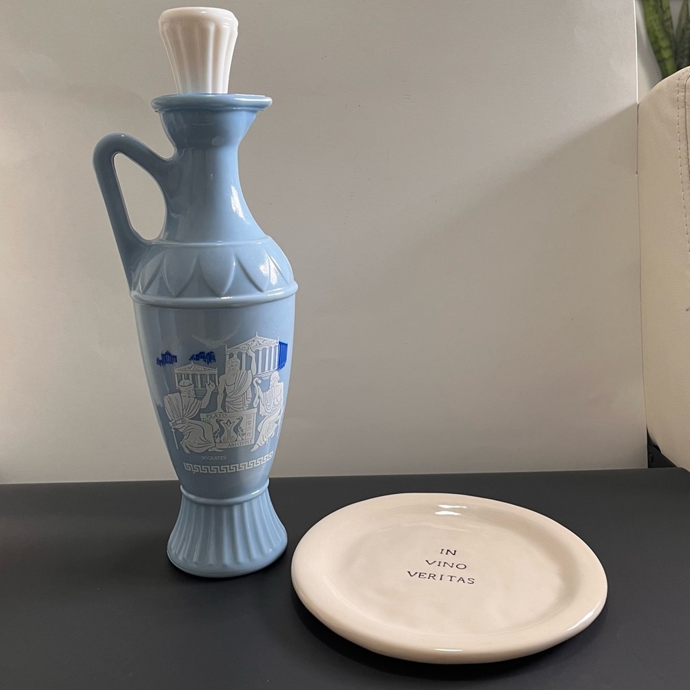 VTG 1961 Jim Beam Novelty Ligth Blue Milk Glass Greek Philosopher & Plate